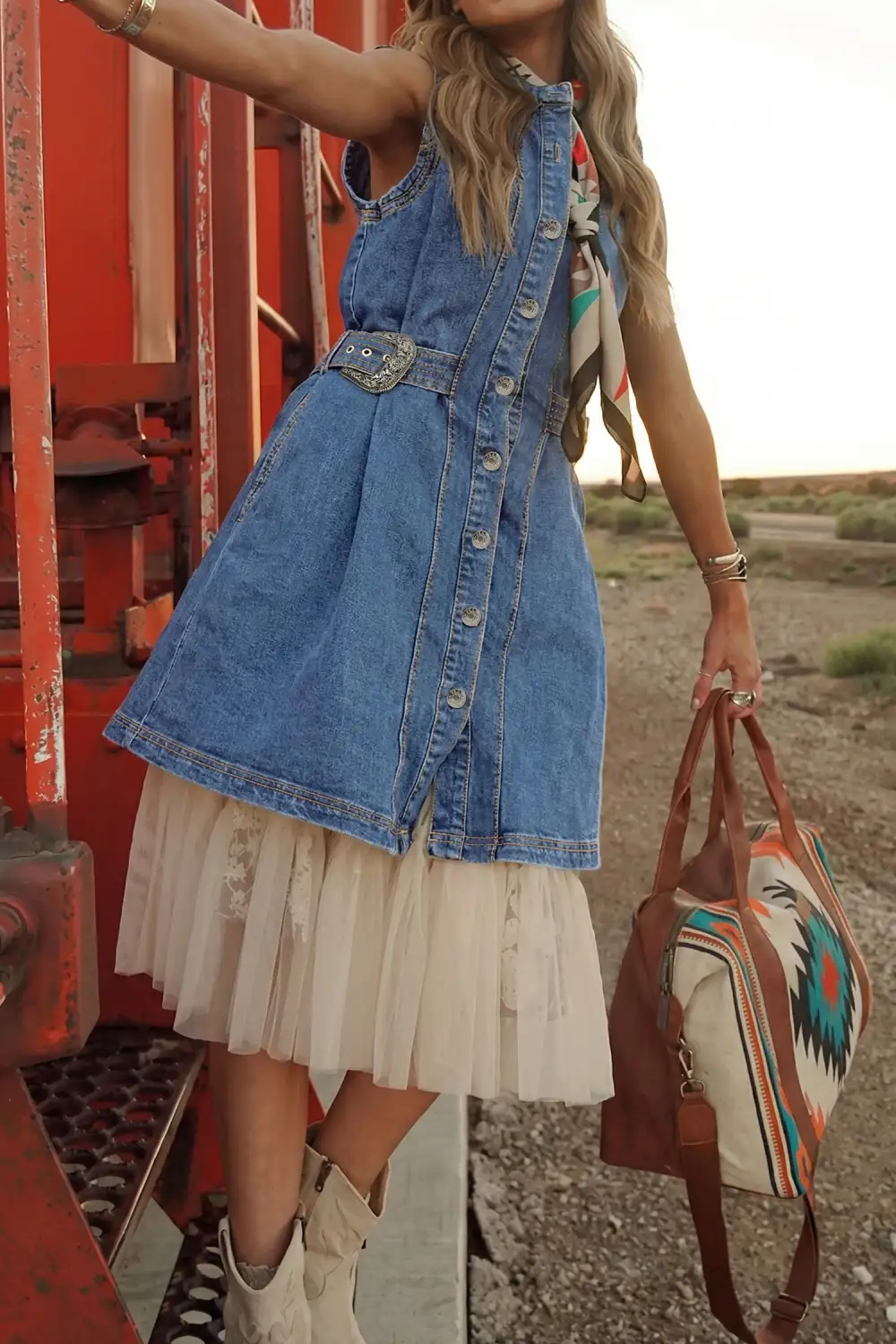 Polished Detail Denim Button Front Sleeveless Dress