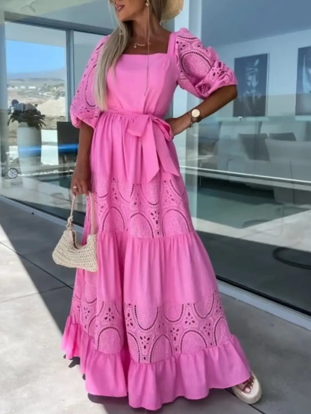 Lace Tie Waist Ruffle Maxi Dress