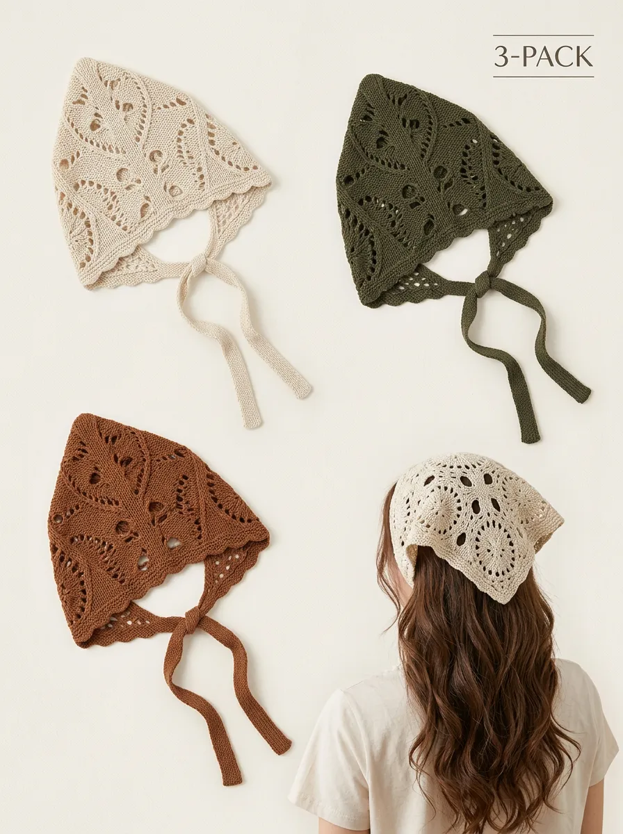 Everyday Floral Crochet Three-Piece Bandana Headscarf Set