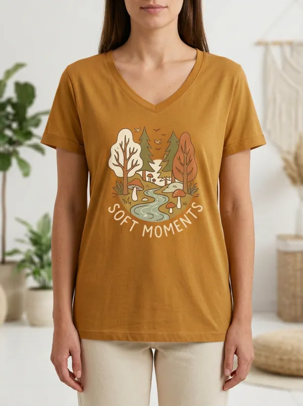 Women's Nature Soft Moments Forest Mushroom Print V-Neck T-Shirt