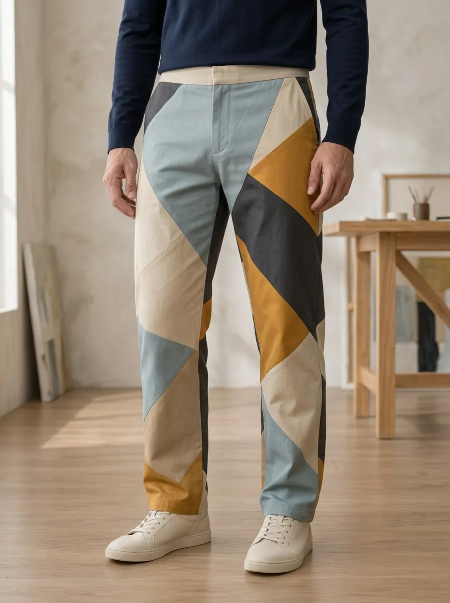 Men's Colorblock Geometric Patchwork Trousers
