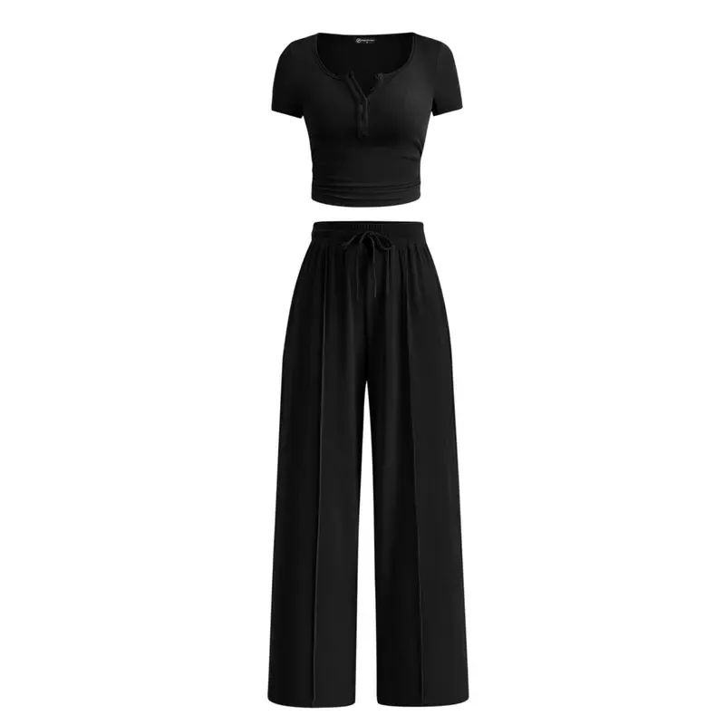 Women's two-piece summer ribbed knit button short-sleeve crop top and wide-leg pants