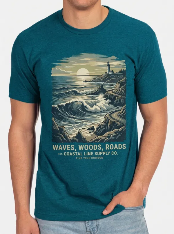 Men's Coastal Lighthouse Ocean Wave Printed T-shirt