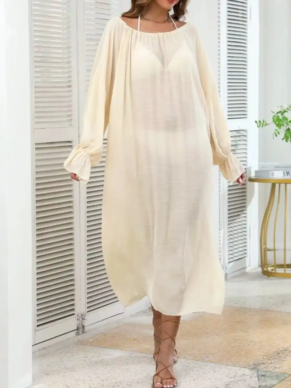 Backless Drawstring Back Flounce Sleeve Swim Cover Up
