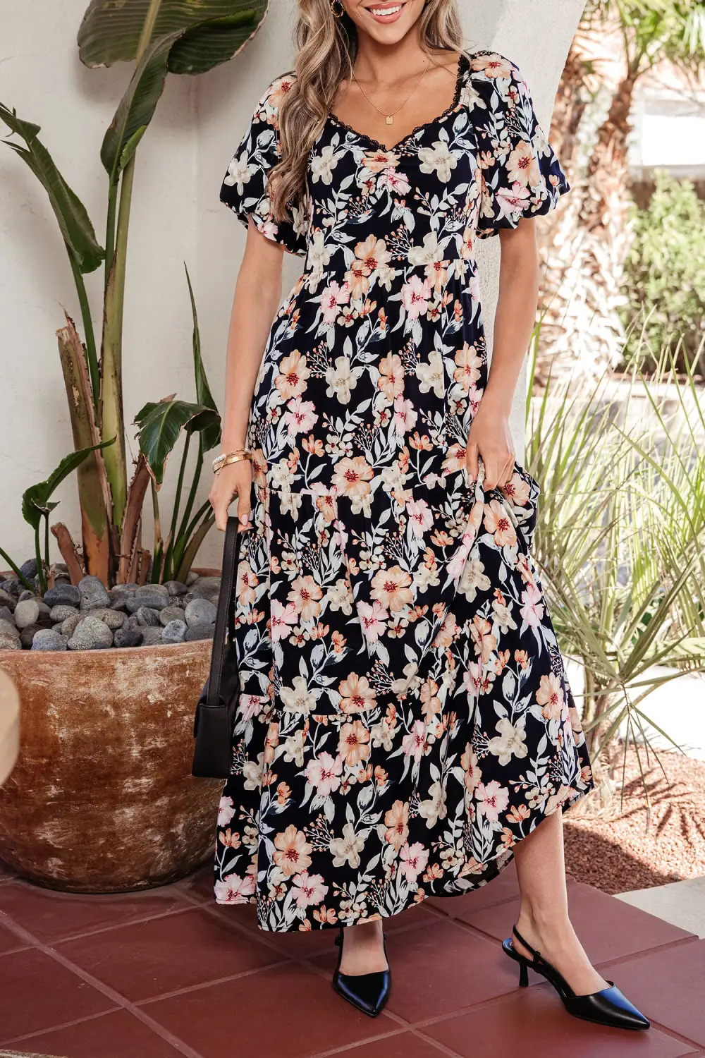 Floral Smocked Short Sleeve Maxi Dress