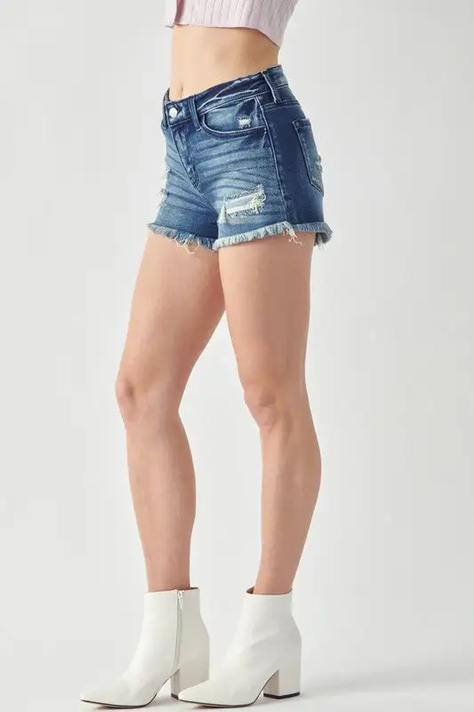Mid Rise Frayed Hem Stretch Denim Shorts