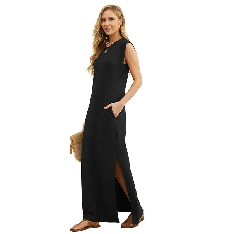 6PACK-Summer Round Neck Casual Loose Split Wrinkle-Free Long  Dress