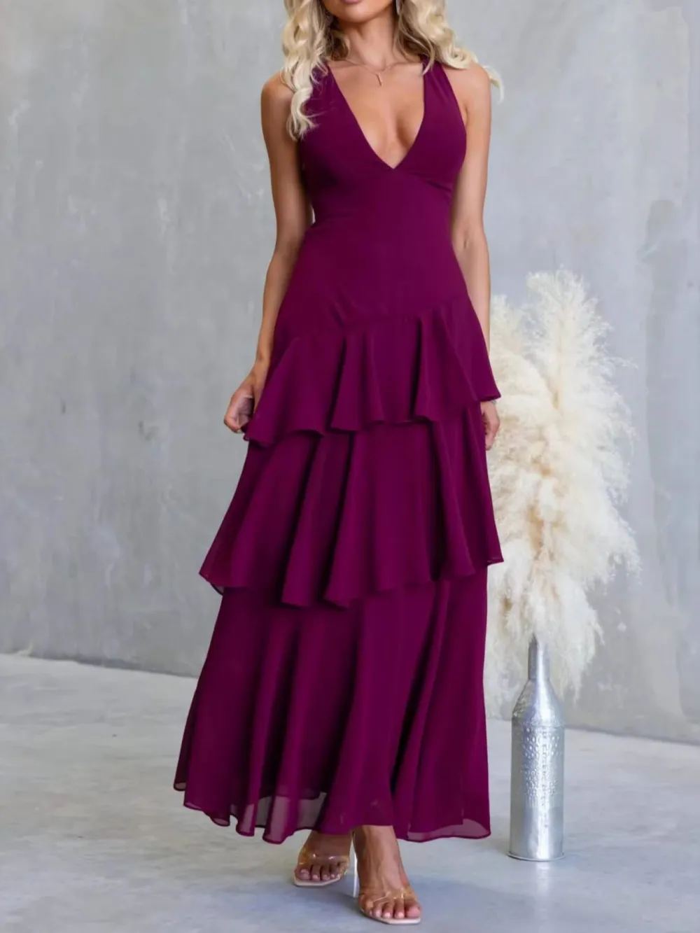 Sleeveless Ruffled Layered Backless Maxi Dress