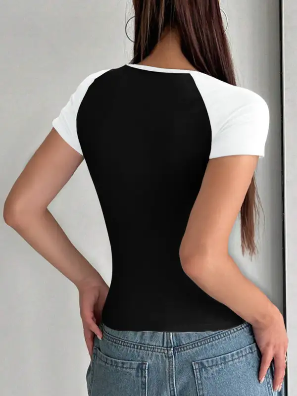 U-Neck Collared Short-Sleeve Contrast T-Shirt