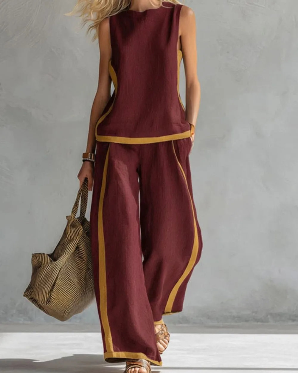 Sleeveless Contrast Trim Top Wide Leg Pants Set Breezy Summer Outfit