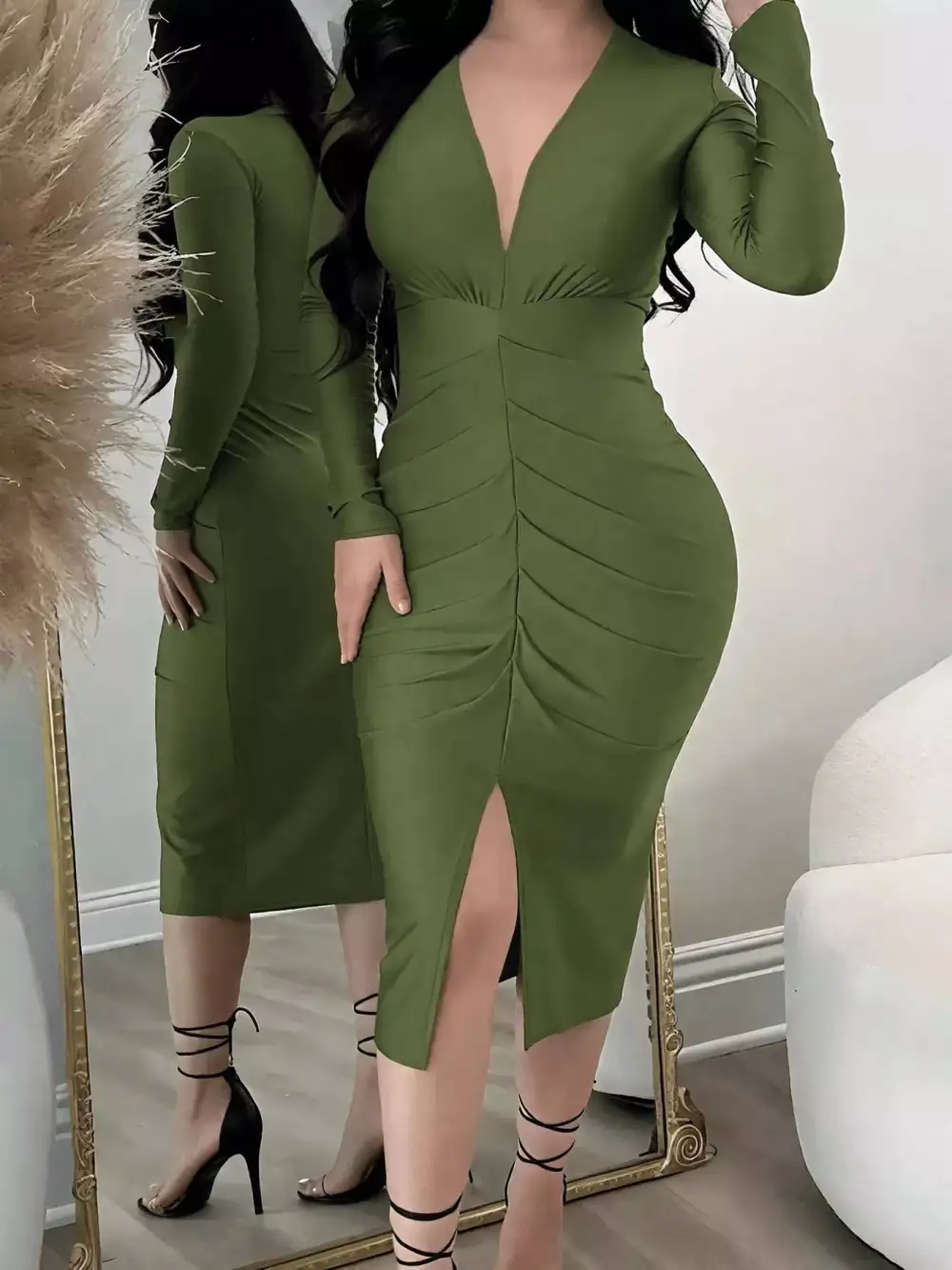 V Neck Ruched Midi Dress