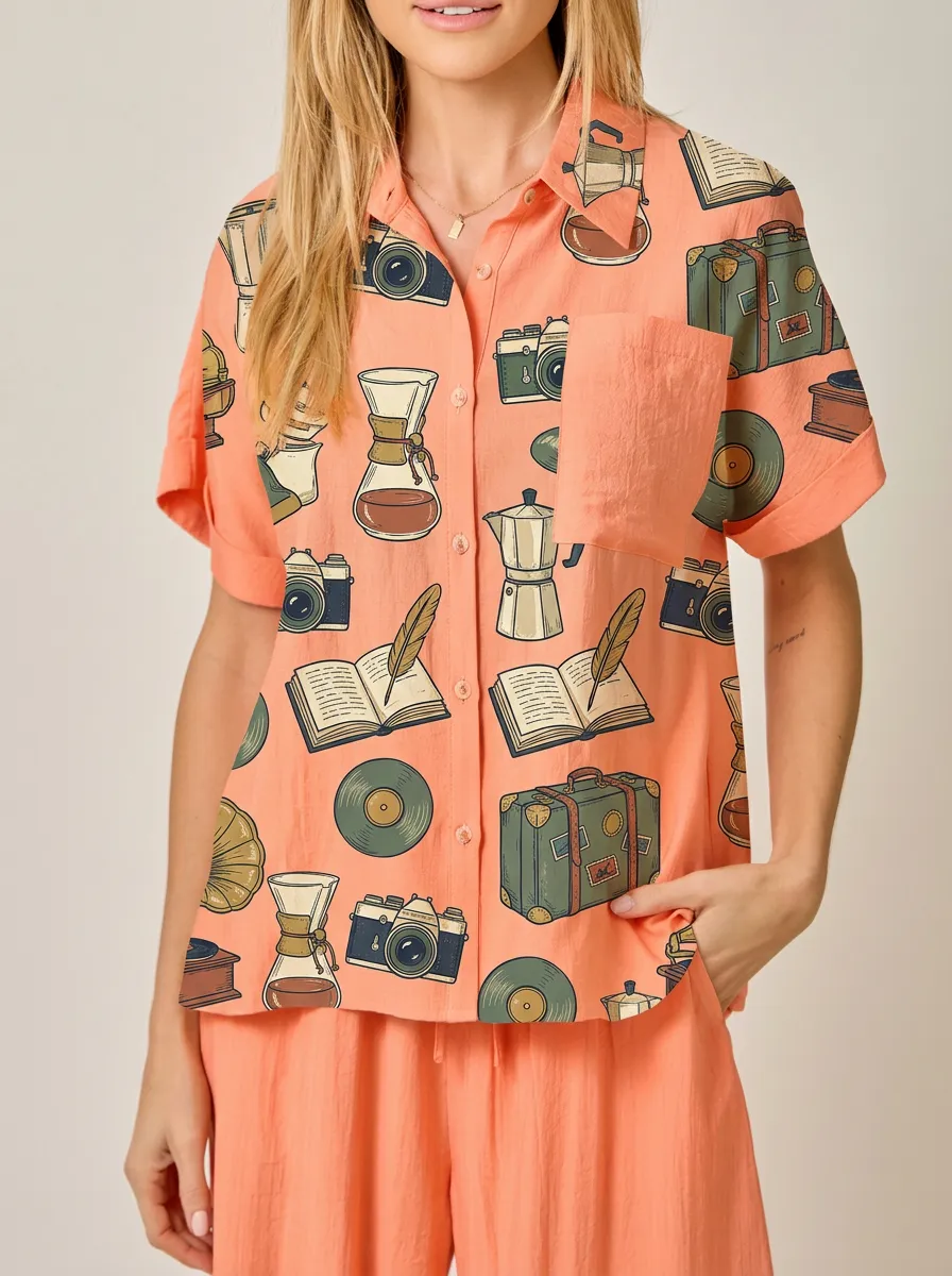 Women's Vintage Hobby Lover Camera Book Coffee Printed Shirt