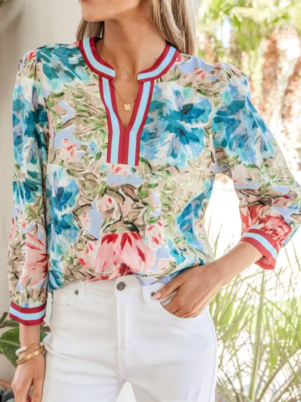 Contrast Trim V Neck Cuffed Bracelet Sleeve Blouse