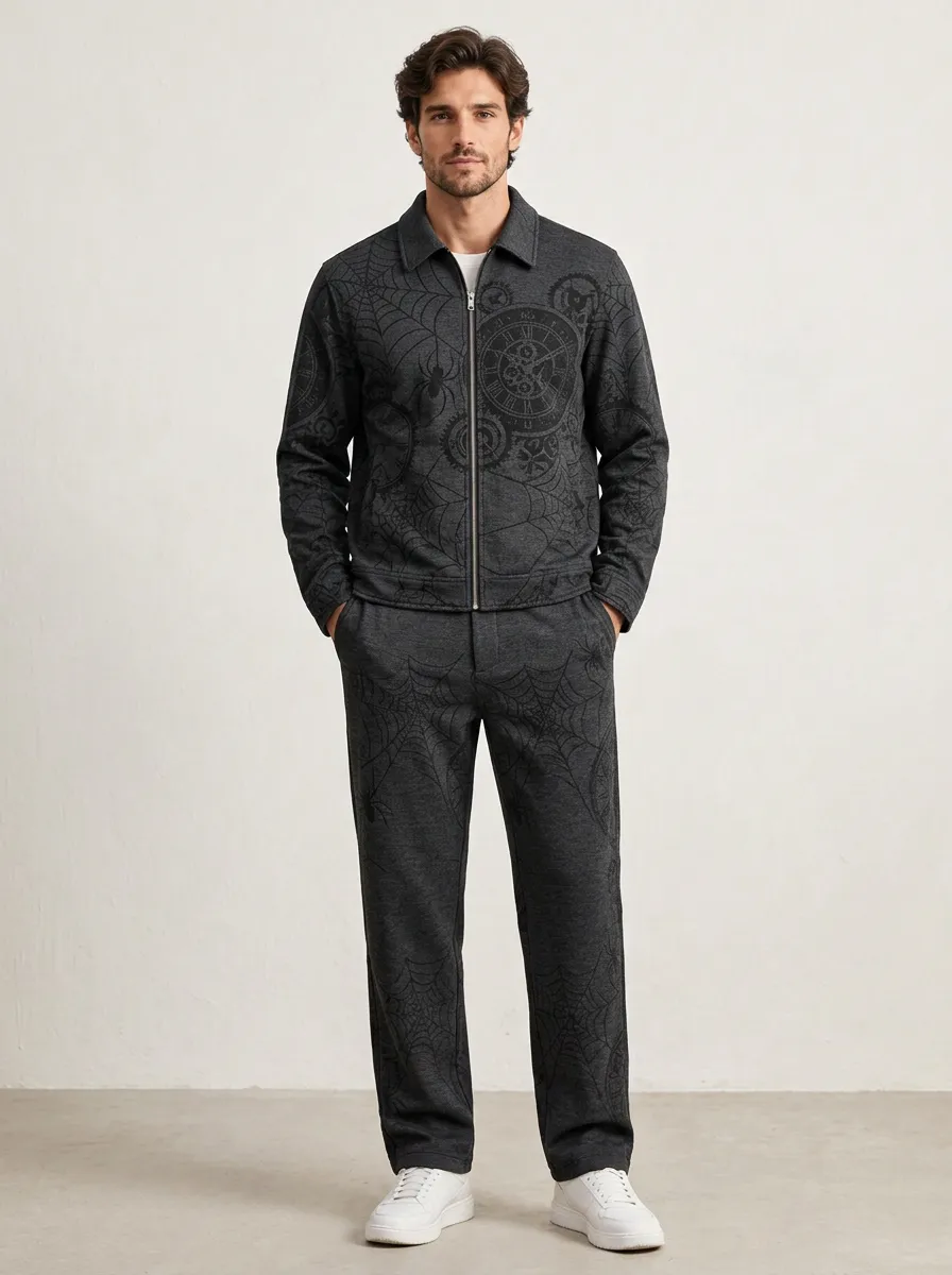 Men's Charcoal Spiderweb-Clock Zip-Up-Jacket & Trousers Zip-Front Two-Piece Set