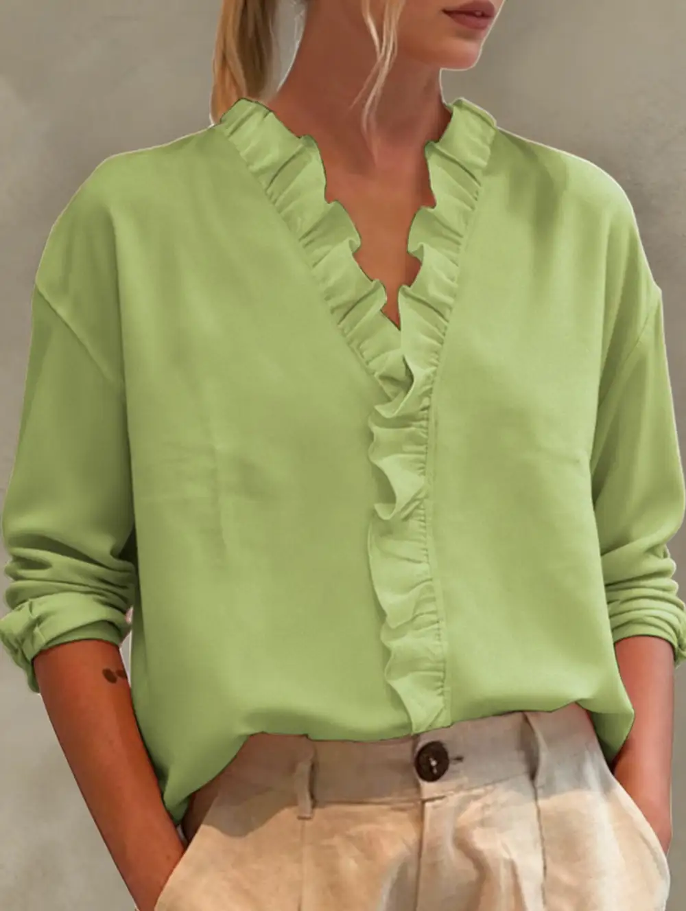 Ruffle V-Neck Long Sleeve Blouse
