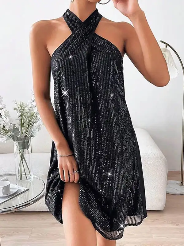 A Line Relaxed Hollow Sequined Solid Color Halter Neck Mini Dress