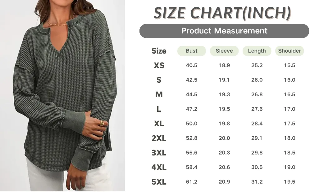 Women‘s Waffle Knit Long Sleeve Casual V Neck Shirts