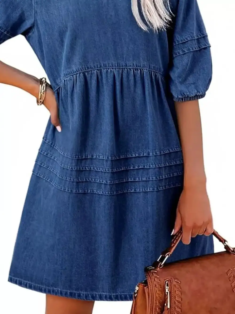 Denim V Neck Puff Sleeve Mini Dress