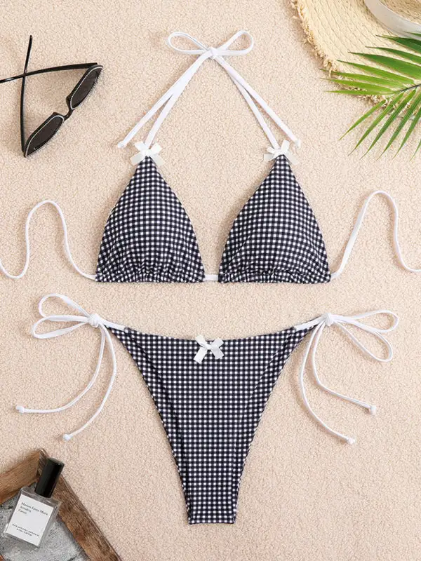 Lace Up Plaid Print Bikini Top Swim Set