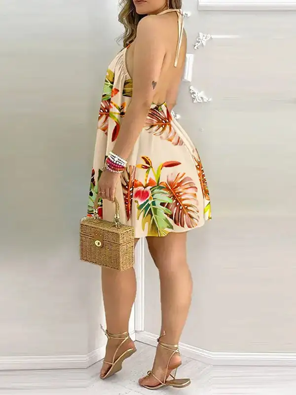 Relaxed Sleeveless Contrast Color Leaf Printed Halter Neck Mini Dress