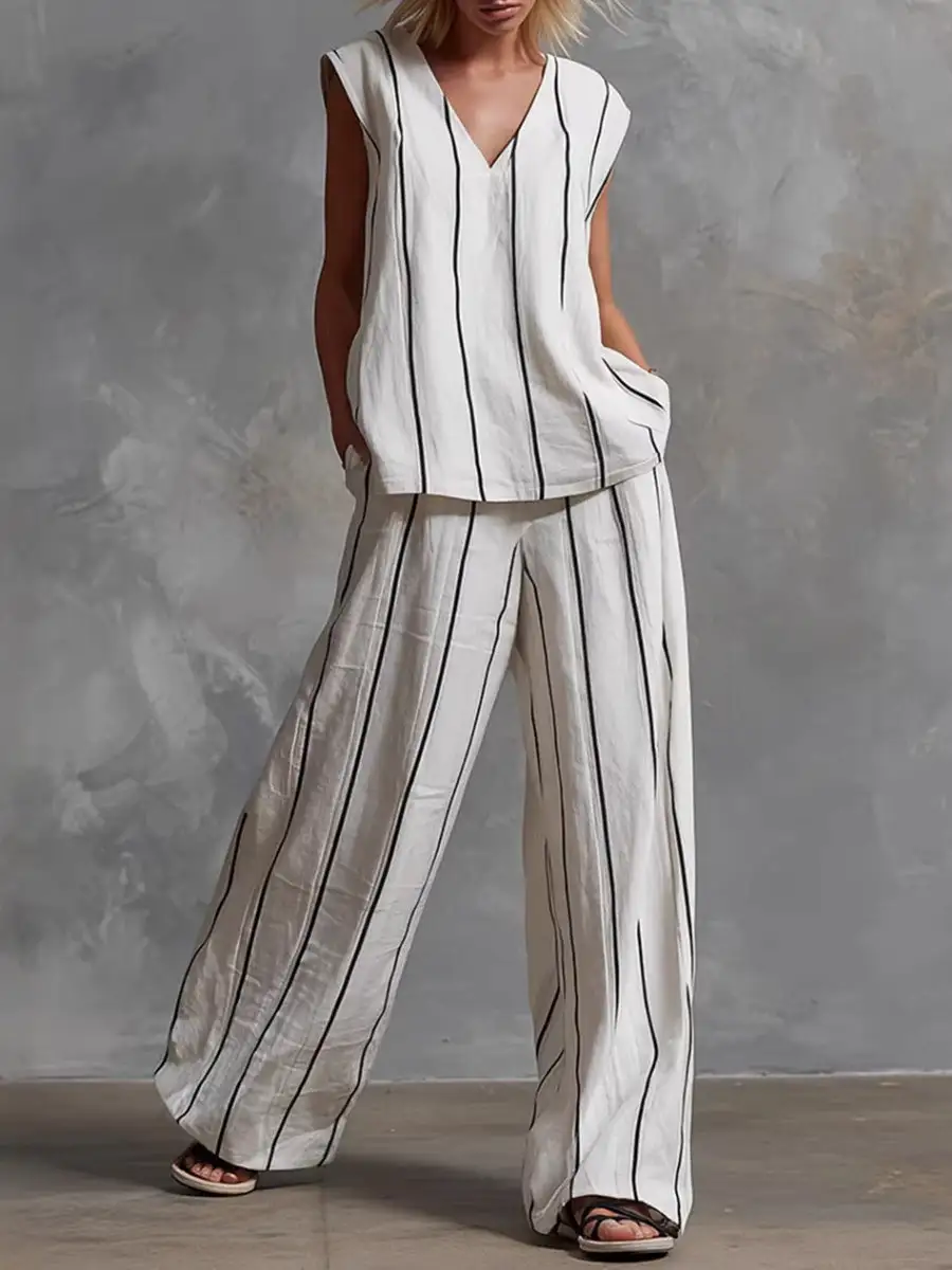 Relaxed Pocket Striped Vest And Pants Set