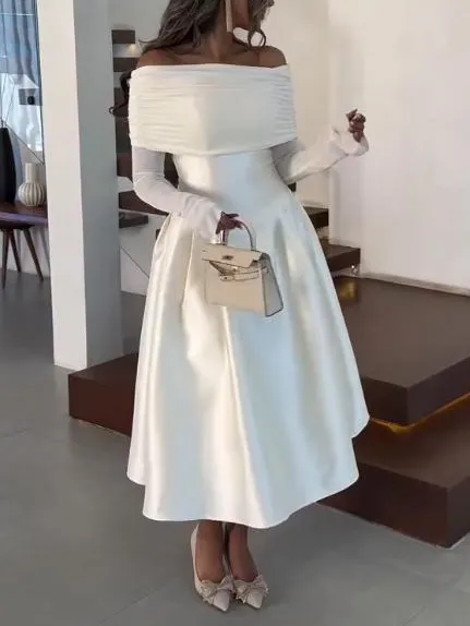 Elegant Off Shoulder Satin Midi Dress