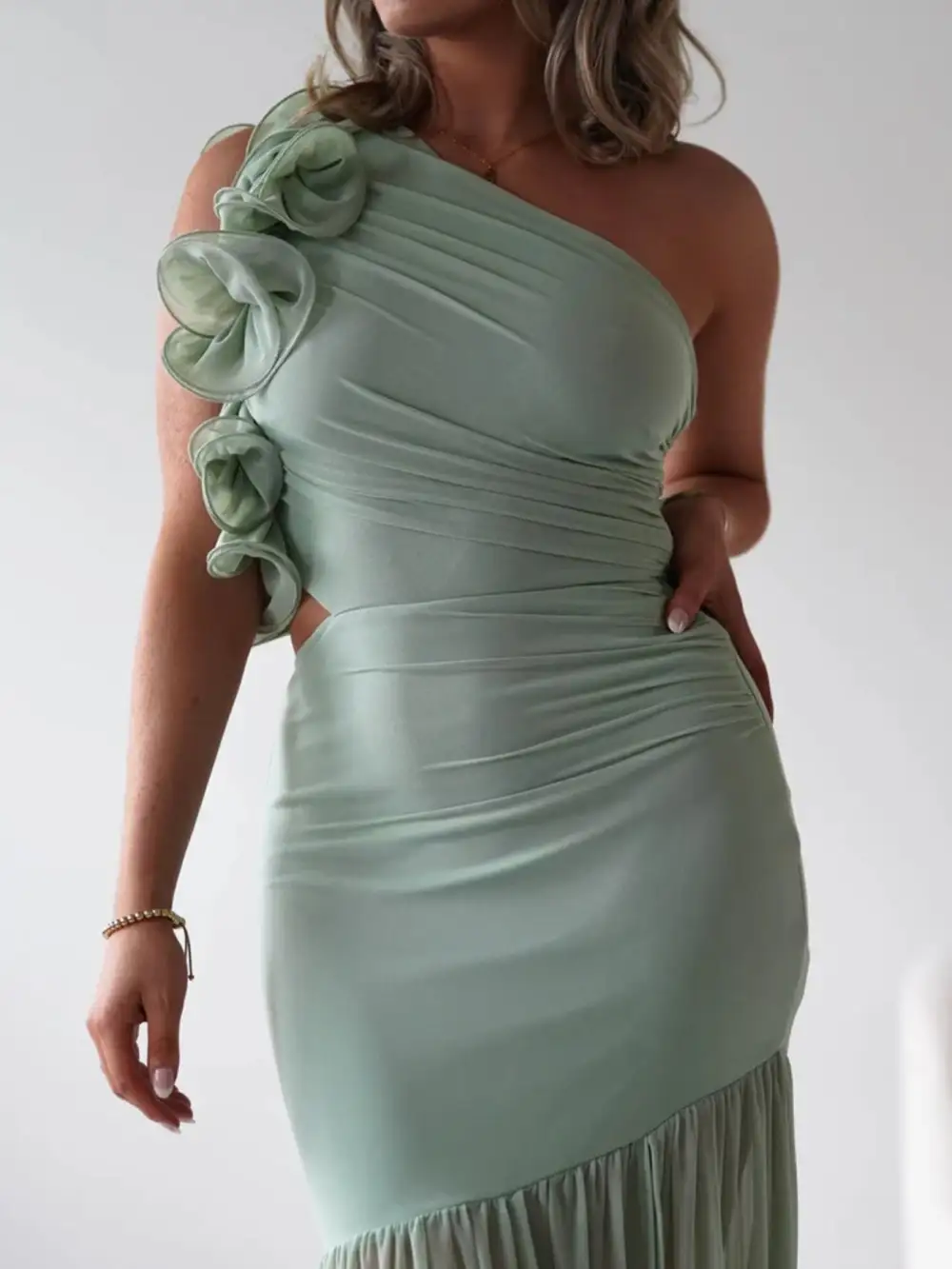 One Shoulder Ruffle Trim Maxi Dress