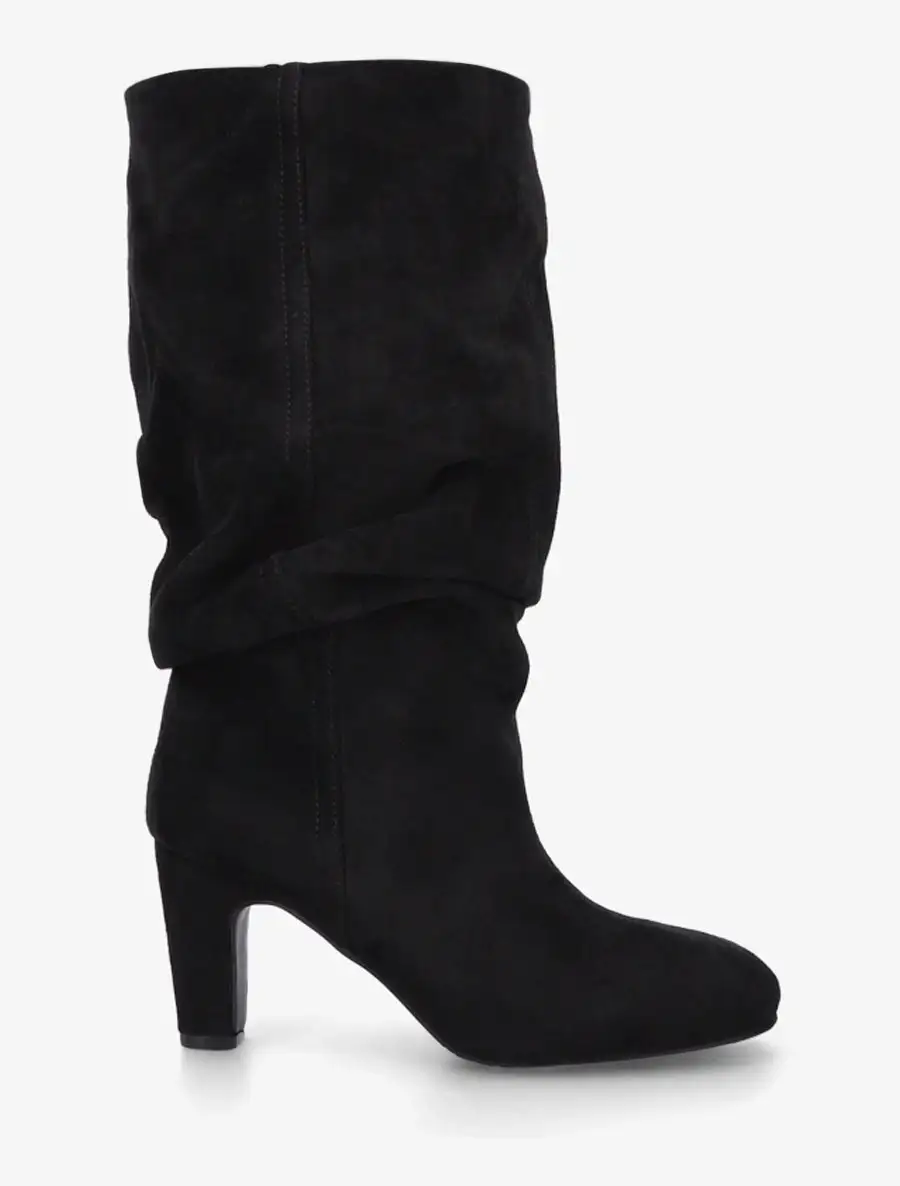 Polished Block Heel Ruched Faux Suede Knee High Boots