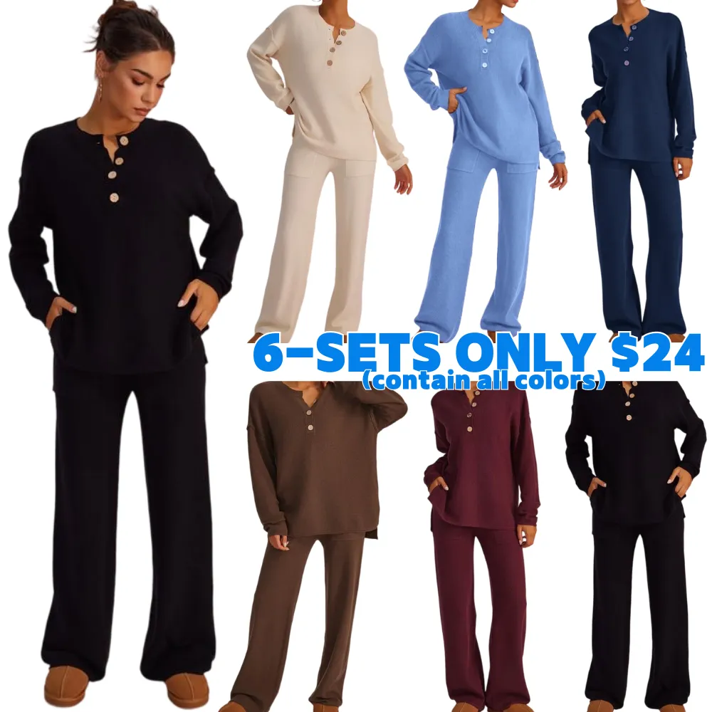 Women's Waffle Knit Loungewear Set Cozy Button Front Top & Wide Leg Pants