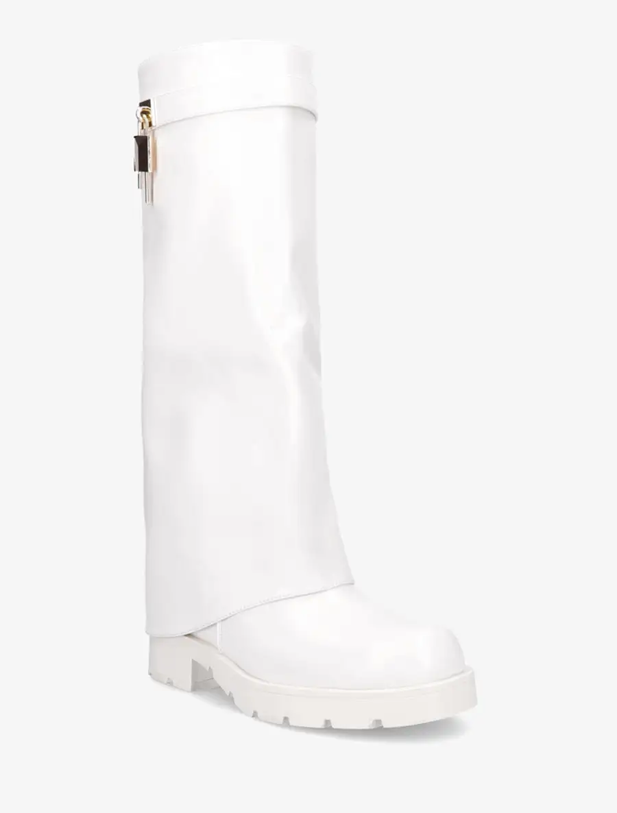 Timeless Block Heel Fold-Over Faux Leather Knee High Boots