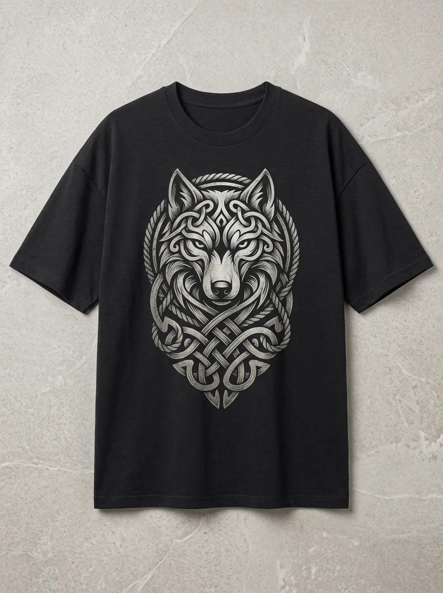 Men's Wolf Drop-Shoulder Crew-Neck Short-Sleeve Chest-Sleeve Knotwork T-Shirt