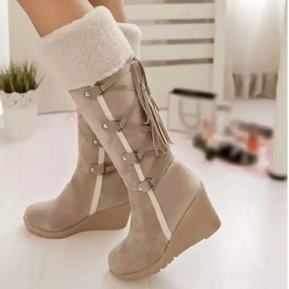 Suede Wedge Boots with Fur Cuff