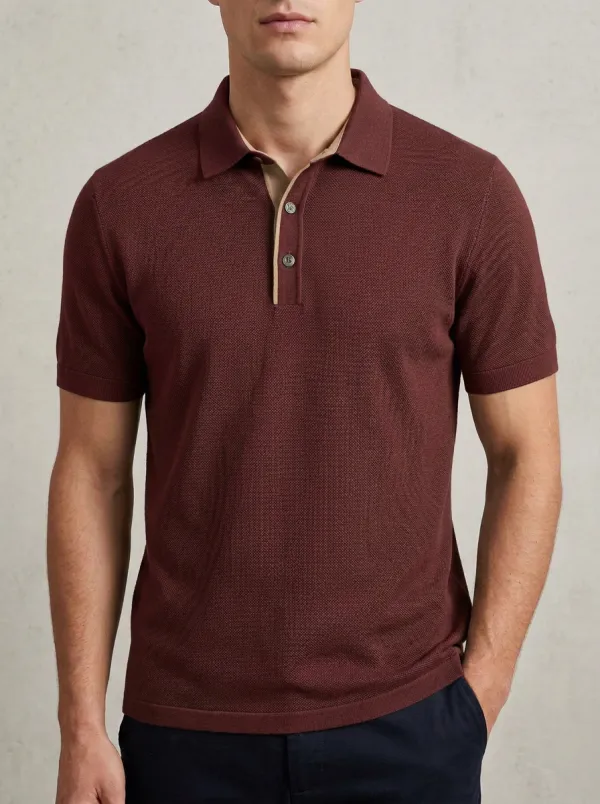 Men's Olive Green Textured Contrast Placket Polo Shirt