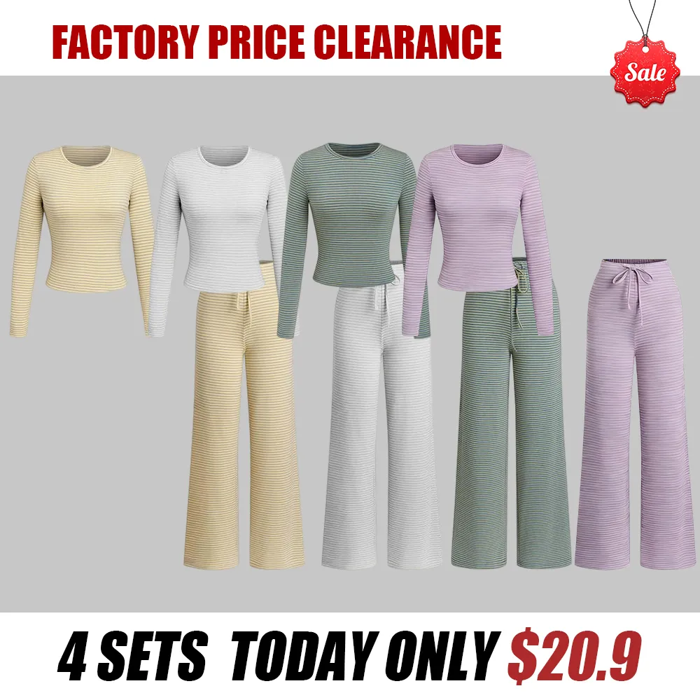 Women's striped printed long-sleeved T-shirt and trousers, casual two-piece set
