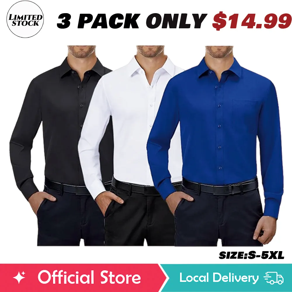 3/6-Pack Men'S Dress Shirts 4-Way Stretch Long Sleeve Collared Solid Wedding Dating Button Down Shirts Casual Breathable Outfits Menswear