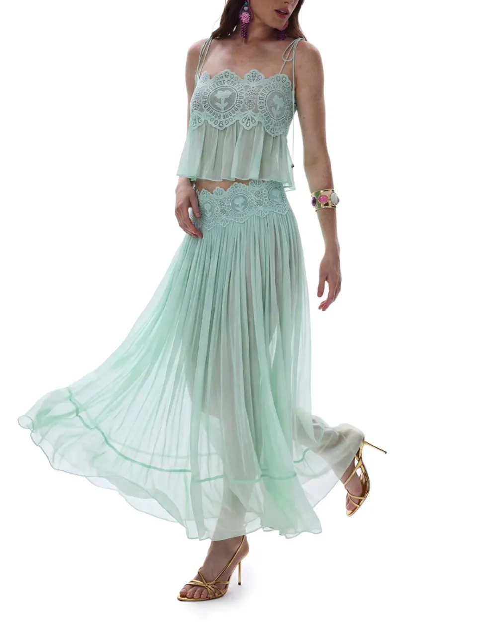 Slim Fit Ruffle Trim Open-Back Chiffon Set