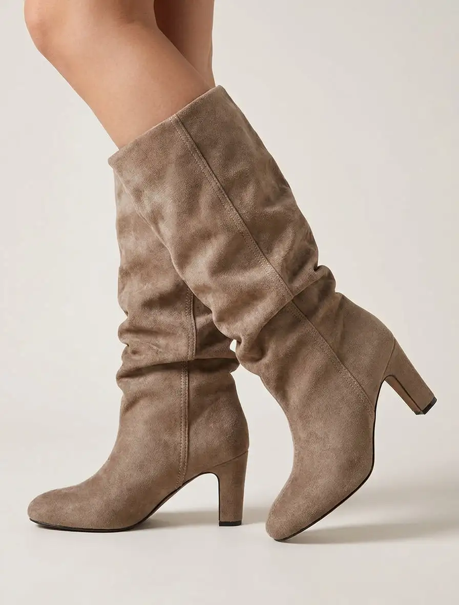 Refined Block Heel Ruched Faux Suede Knee High Boots