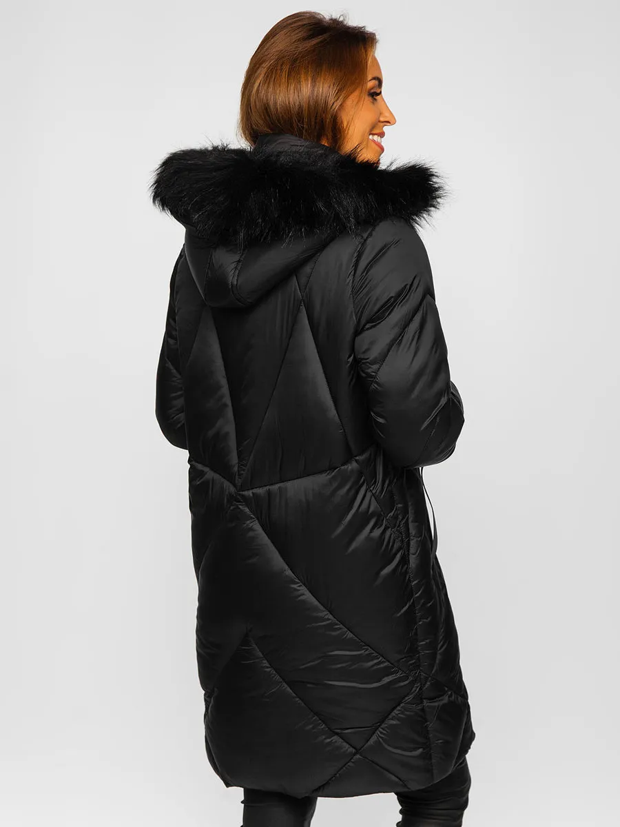 women's black quilted winter jacket with hood