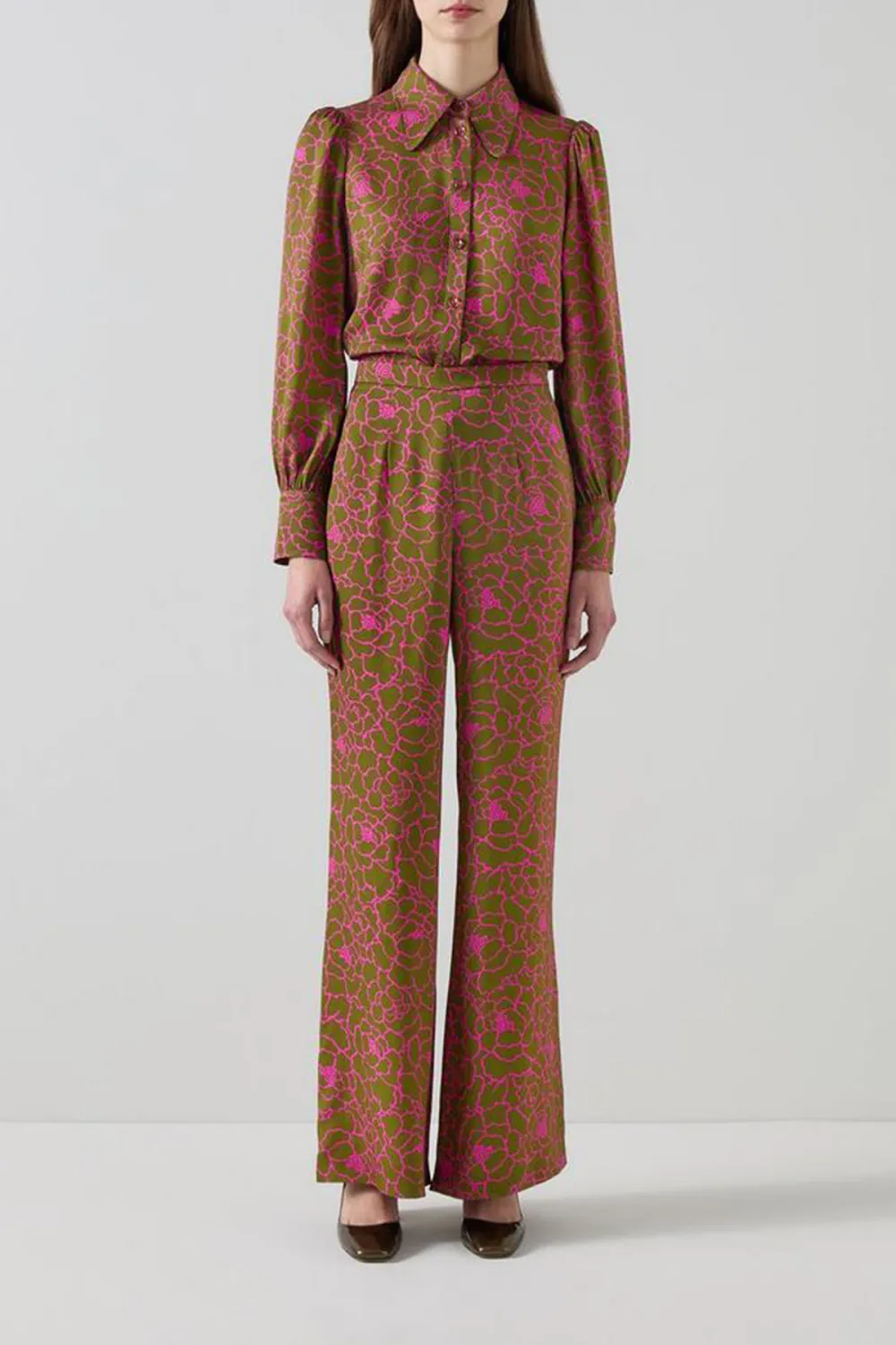 Brown Pink Patterned Flared Trousers