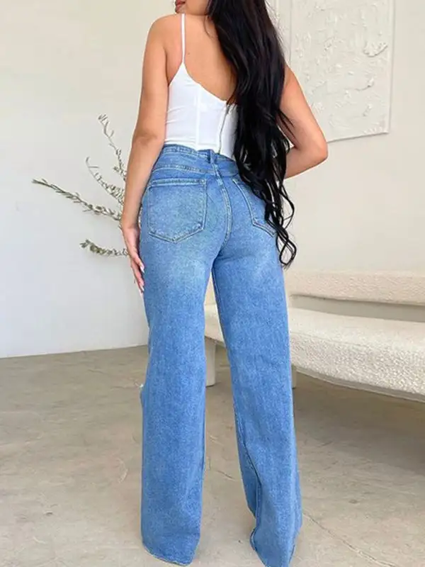 Structured High Waist Wide Leg Ripped Denim Jeans