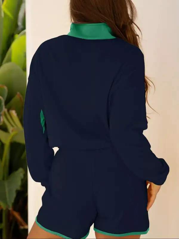 Color Block Patchwork Half Button Pullover and Shorts Pcs Outfit