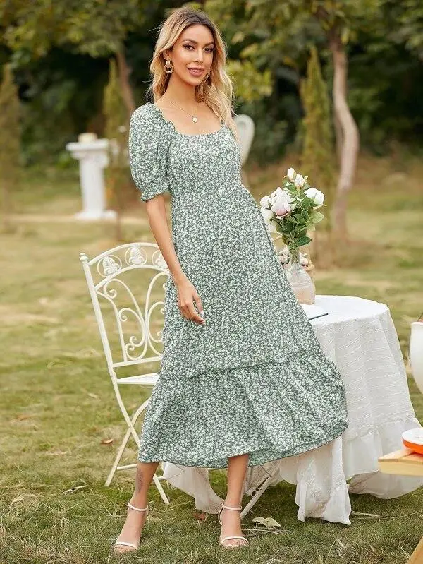 Women Square Neck Ditsy Floral Frill Trim Dress