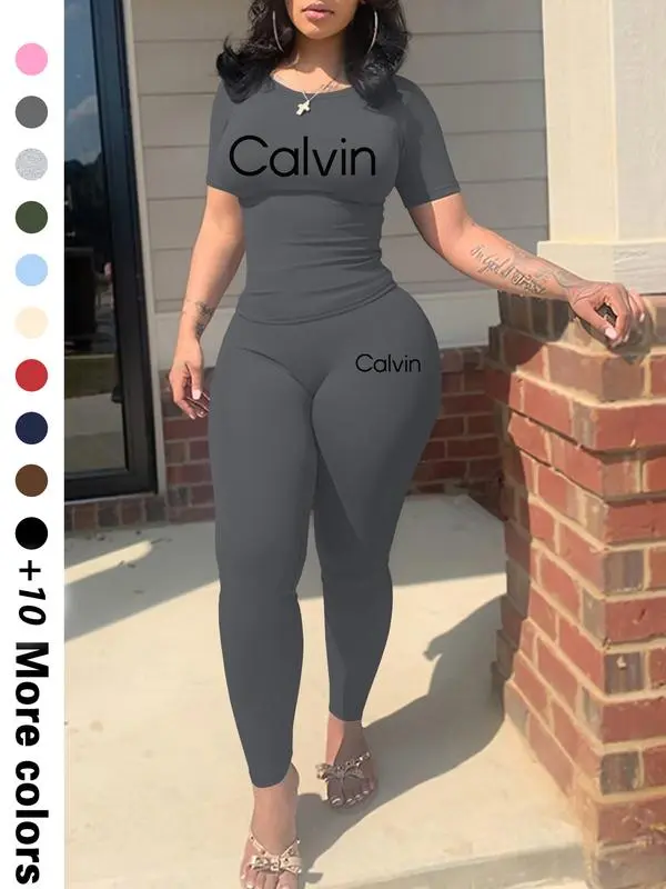 Calvin Letter Printing Women’s Casual Two-Piece Set Trendy Crop Top & Shorts | Lightweight Fabric | Effortless Summer Comfort