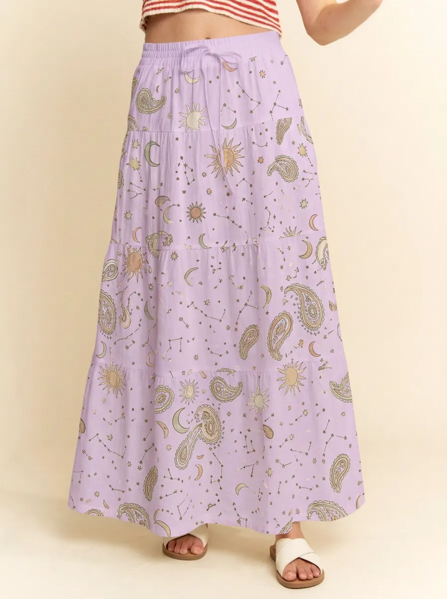 Women's Celestial Boho Sun Moon Paisley Printed Maxi Skirt
