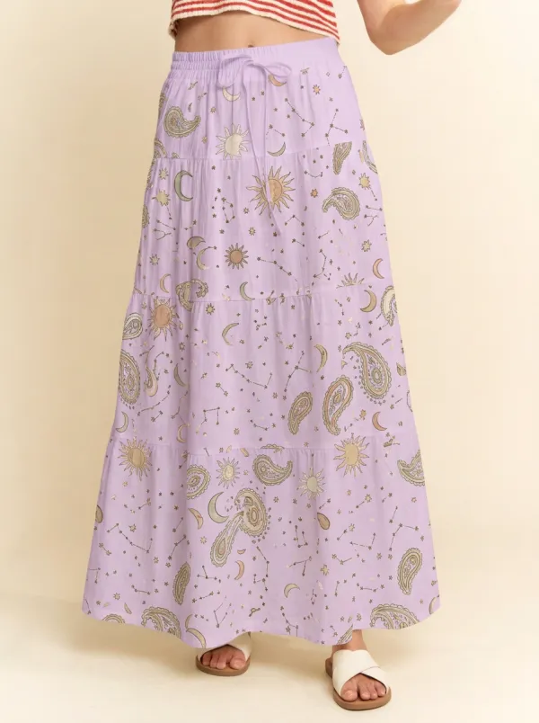 Women's Celestial Boho Sun Moon Paisley Printed Maxi Skirt