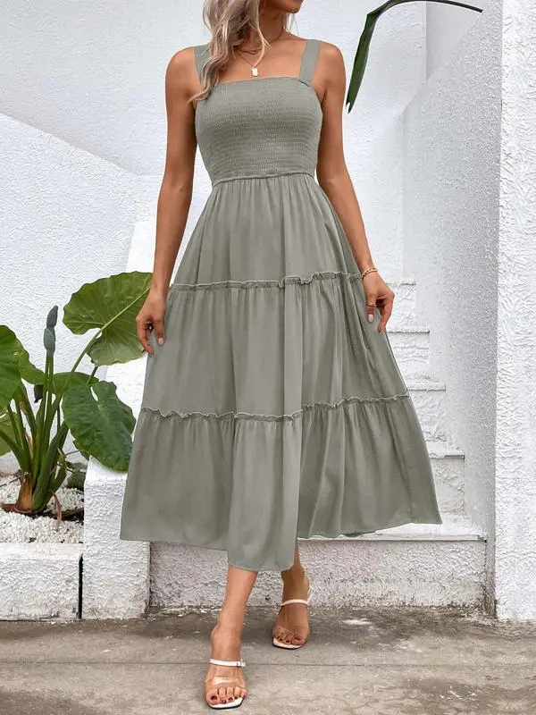 Women'S Frill Trim Ruffle Hem Shirred Backless Sundress Cami Dress, Sleeveless A Line Long Dress, Women'S Clothing For Summer Beach Holiday, Boho Clothes Women, Vintage Girly Clothes,