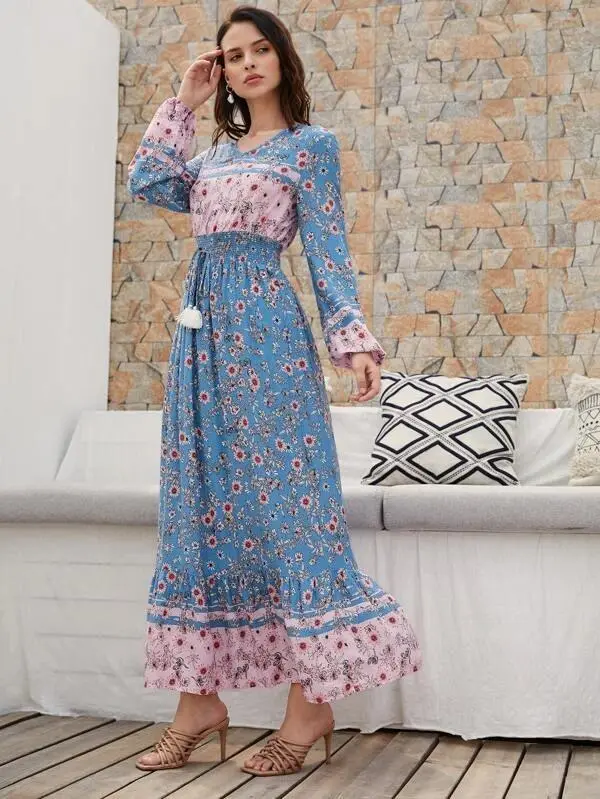 Women Shirred Knot Waist Floral Dress