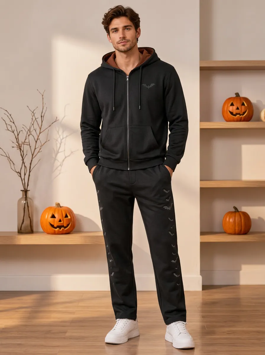 Men's Bat Embroidered Zip-Up-Hoodie & Joggers Two-Piece Set