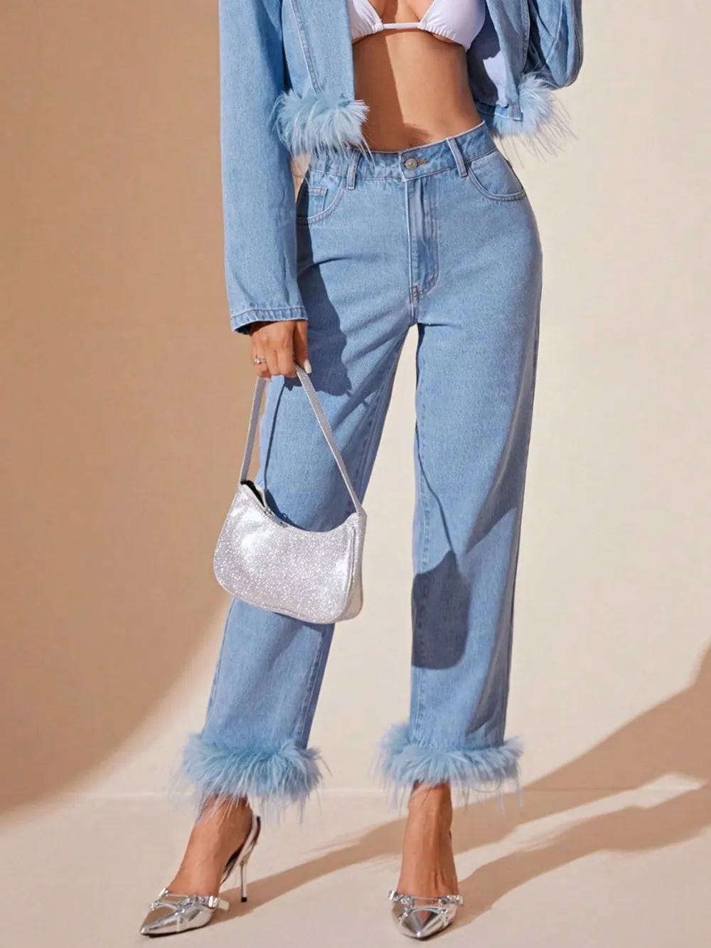 Plush Hem High Rise Straight Denim Jeans