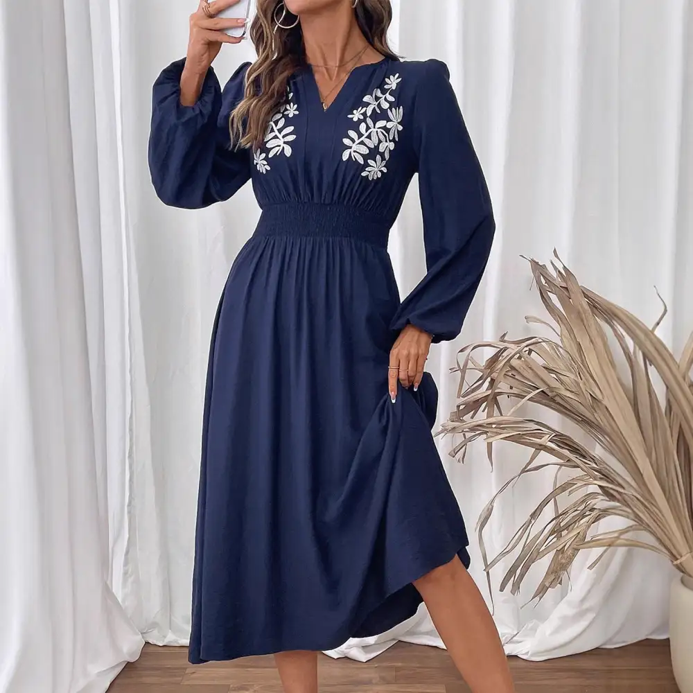 Women's V-Neck Embroidered Floral Midi Dress